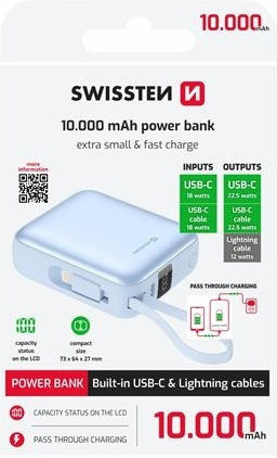 Swissten Power Bank 10000mAh 20W mit USB-C Ausgangsanschlüsse Blau