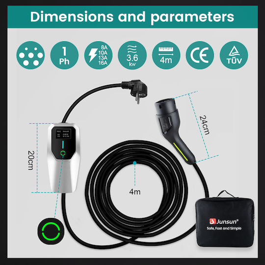 Junsun Tragbarer Einphasiger Elektroauto-Ladestation 3,5 kW mit Integriertem Kabel Typ 2