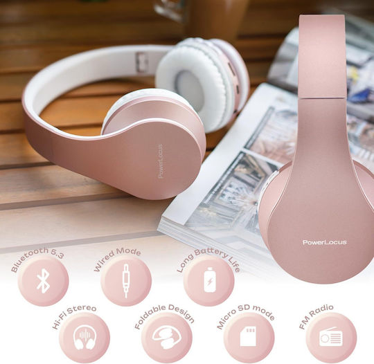 PowerLocus Безжични и Жични Over Ear Слушалки с Радио с 15 Часа Работа Розово Злато