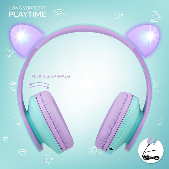 PowerLocus P2 Kids Cat Ears Ασύρματα / Ενσύρματα Παιδικά Over Ear Ακουστικά με Ραδιόφωνο Teal/Purple
