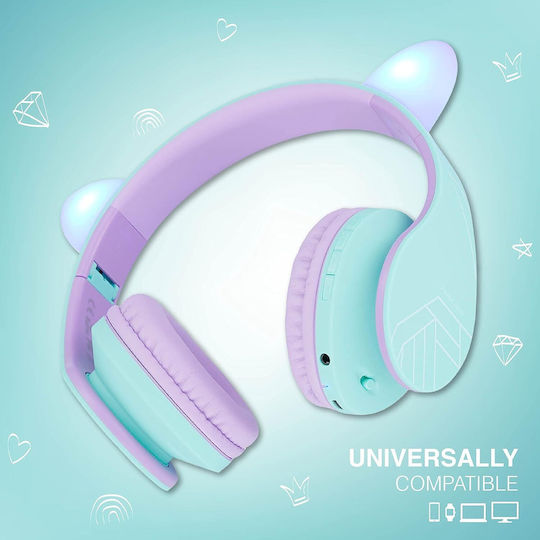 PowerLocus P2 Kids Cat Ears Ασύρματα / Ενσύρματα Παιδικά Over Ear Ακουστικά με Ραδιόφωνο Teal/Purple