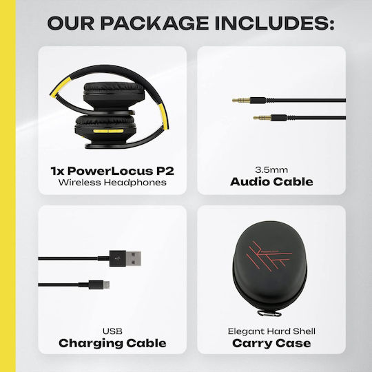 PowerLocus P2 Wireless / Wired Over Ear Headphones with Radio with 20 hours of Operation Black / Yellow