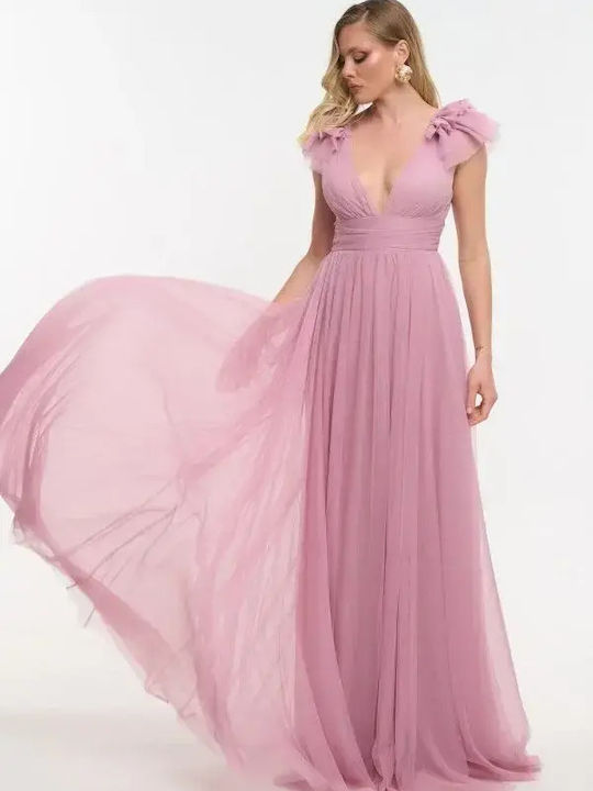 Summer Maxi Dress for Wedding Christening with Tulle Pink