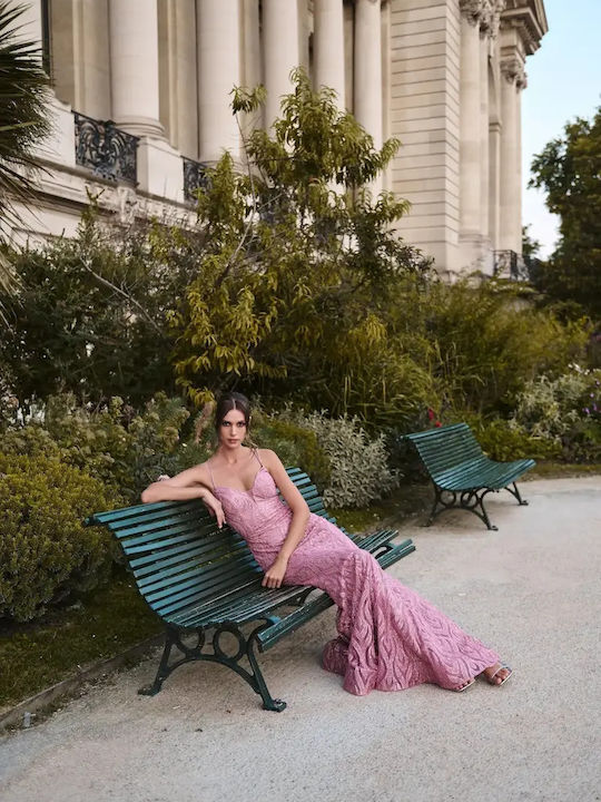 Summer Maxi Evening Dress with Mesh Pink