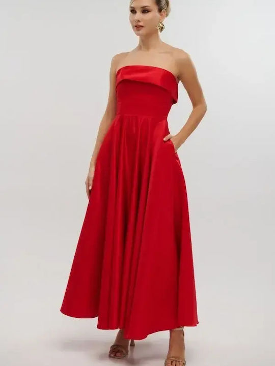 Καλοκαιρινό Maxi Φόρεμα για Γάμο / Βάπτιση Strapless Σατέν Κόκκινο