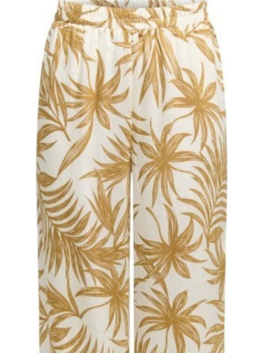 Women's Fabric Trousers with Rubber Band in Loose Fit Floral Brown