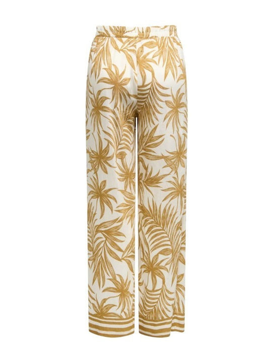 Women's Fabric Trousers with Rubber Band in Loose Fit Floral Brown