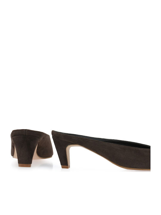 Suede Mules με Χαμηλό Τακούνι σε Καφέ Χρώμα