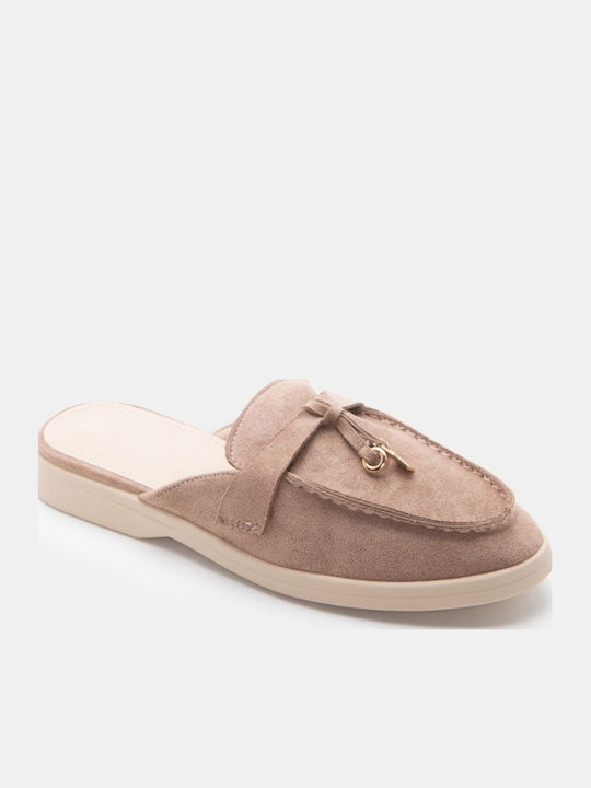 Pantofi Mules Dama Flat Din Catifea Bej Culoare Full Face