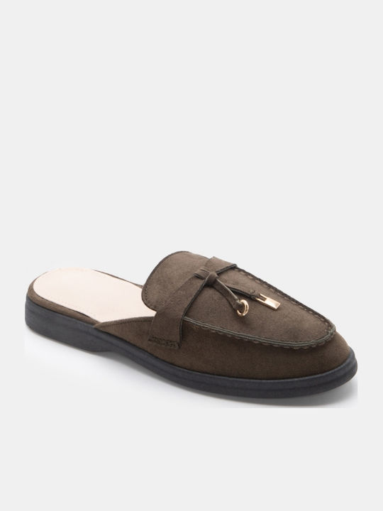 Flat Suede Mules In Khaki Colour