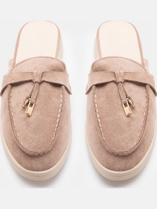 Pantofi Mules Dama Flat Din Catifea Bej Culoare Full Face