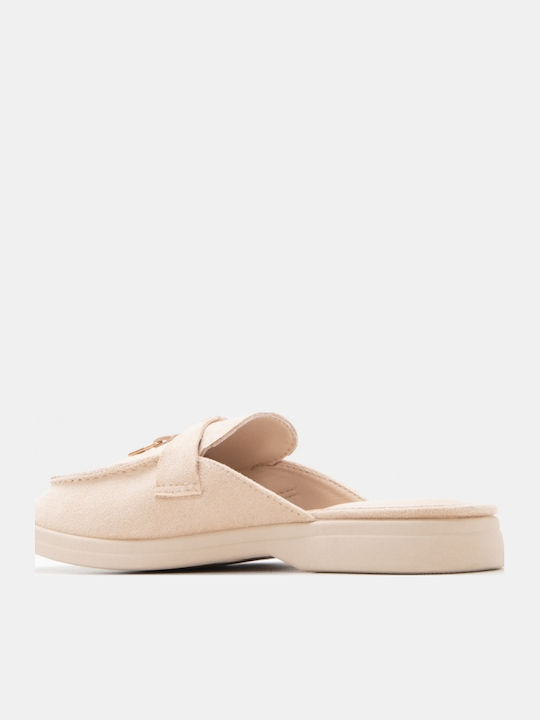 Flat Wildleder Damen Pantoletten in Beige Farbe