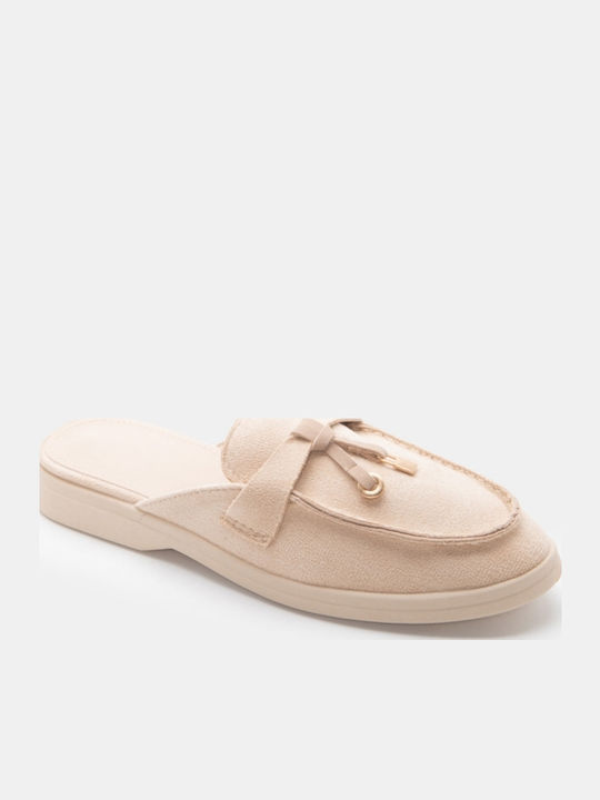 Flat Wildleder Damen Pantoletten in Beige Farbe