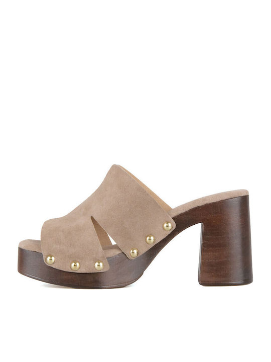 Suede Mules With High Heel In Brown Colour