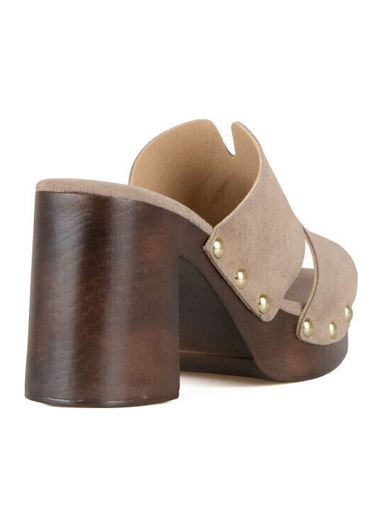 Suede Mules With High Heel In Brown Colour