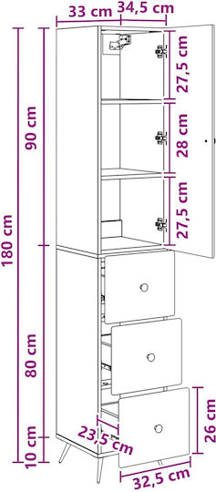 Wall Mounted Living Room Cabinet made of Wood and Metal Oak 34.5x34.5x90cm