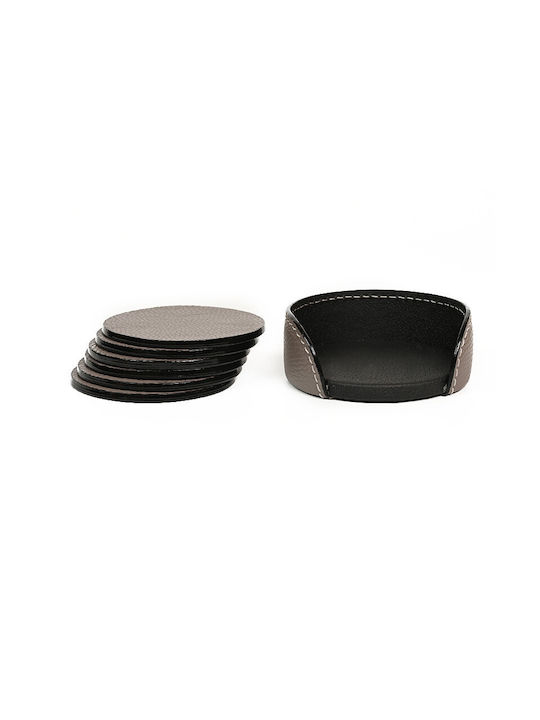 BagCity Round Coasters Made of Artificial Leather with Brown Stand 6 Pieces