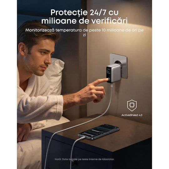 Anker Încărcător GaN cu Port USB-A și 2 Porturi USB-C și Cablu USB-C - USB-C 100W Power Delivery Argintiu (B121B)