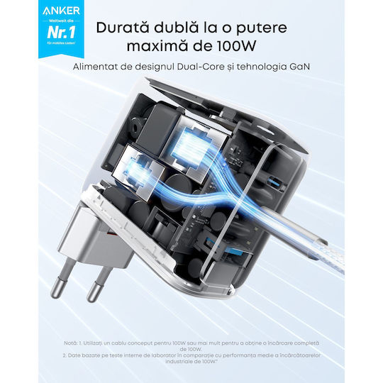 Anker Încărcător GaN cu Port USB-A și 2 Porturi USB-C și Cablu USB-C - USB-C 100W Power Delivery Argintiu (B121B)