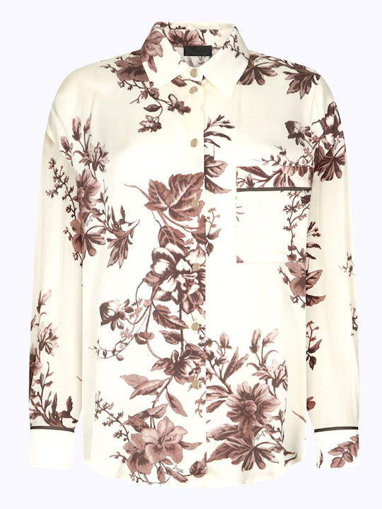 Langärmeliges Damen Seidenblumen-Hemd in Creme-Braun