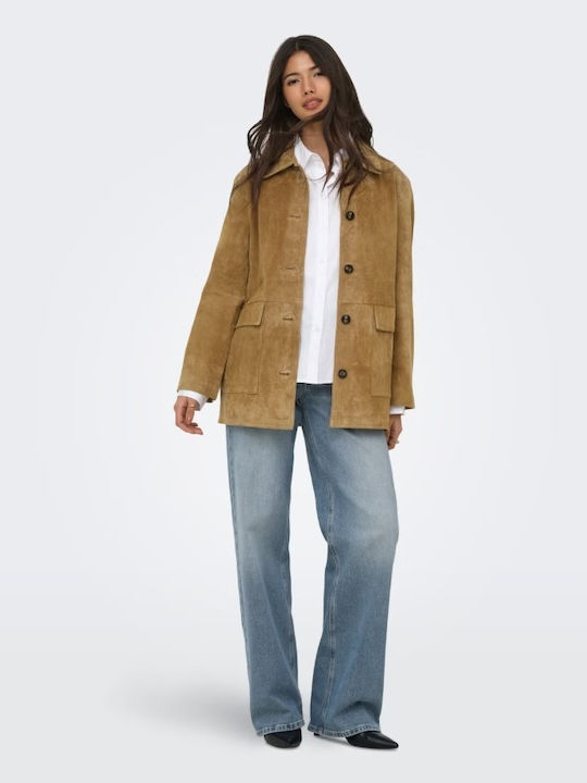 Langes Wildleder Damenjacke Für Winter Tabac