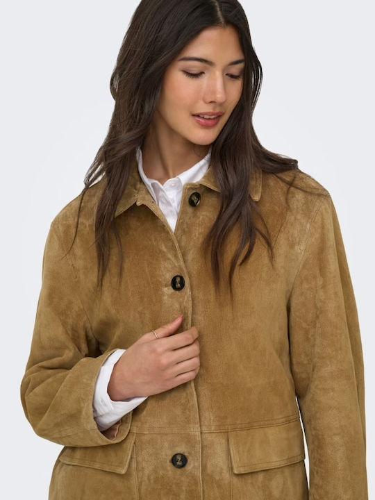 Langes Wildleder Damenjacke Für Winter Tabac