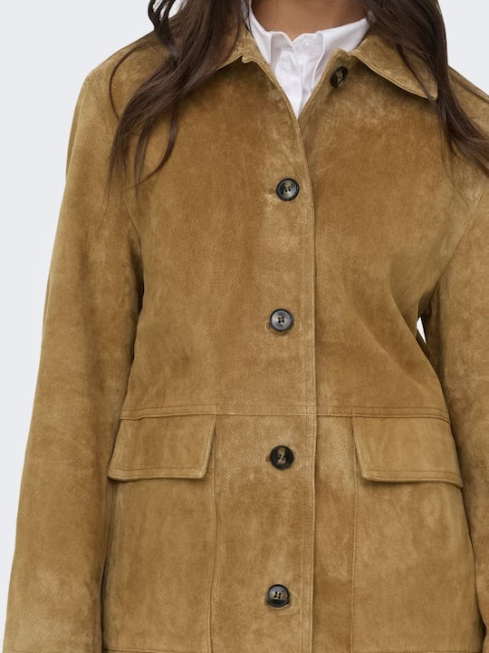Langes Wildleder Damenjacke Für Winter Tabac