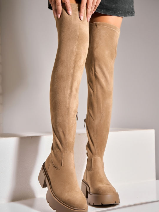 Cizme Dama Suede cu Toc Mediu Kaki
