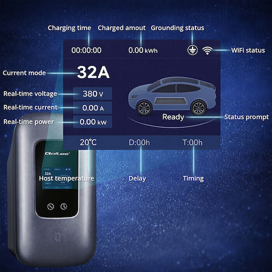 Qoltec Wall Mounted Three-Phase Charging Station 22kW with Built-in Cable Type 2