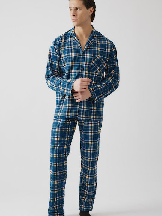 Minerva Minerva Herrenpyjamas Baumwollene Marin Orange Karo Winter