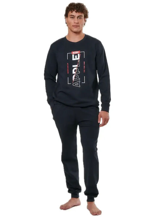 Apple Boxer Χειμερινή Ανδρική Πιτζάμα Βαμβακερή Black