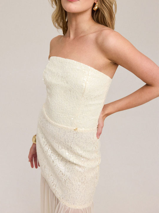 Maxi Βραδινό Φόρεμα Strapless με Τούλι Λευκό