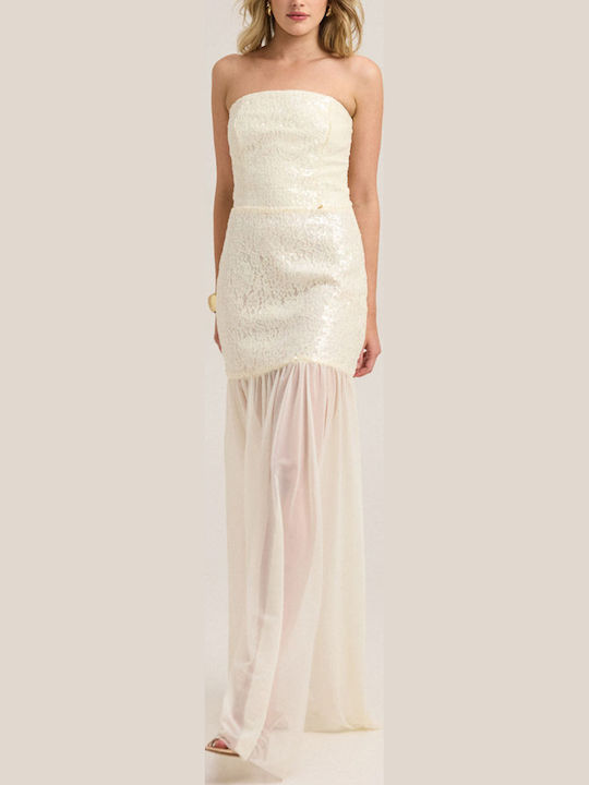 Maxi Βραδινό Φόρεμα Strapless με Τούλι Λευκό