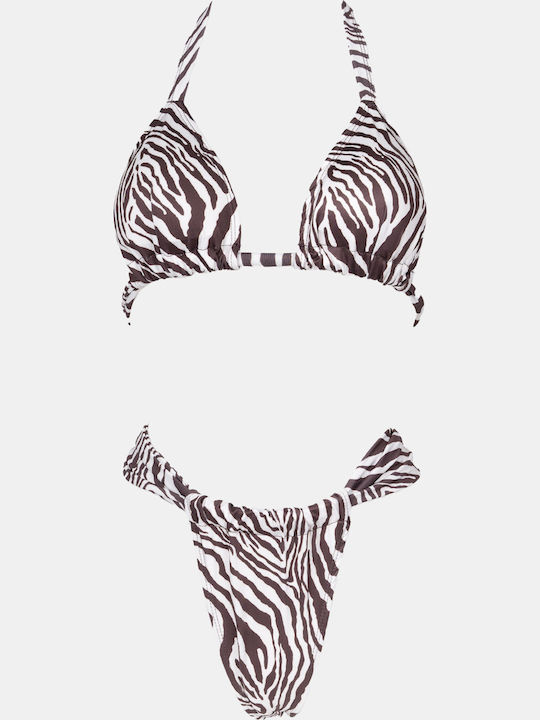 Set Bikini Dreieck Hohe Taille Weiß-Braun