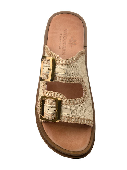 Myconian Leather Women's Flat Sandals Flatforms Beige