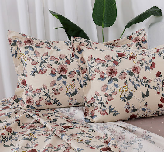 Beauty Home 12676 Set Of Double Bed Sheets With Rubber Hugger 165x200+30cm Beige 4 Pieces