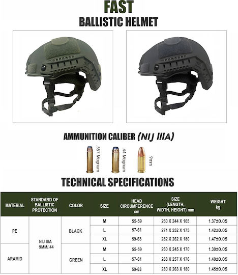 Fast Nij Iiia Ballistic Tactical Helmet Resistant To 9mm 357 Sig 44 Magnum Bullets High Cut Accessories Nvg Compatible Fast Rail 360° Adjustment System Ultra-resistant Pe Material Size L Black