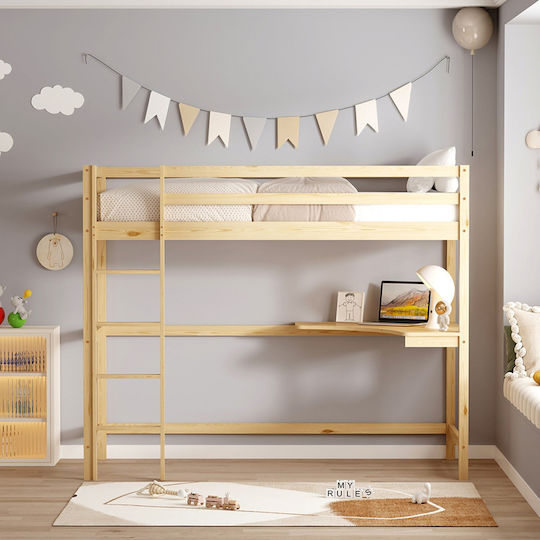 Kids Bed Bunk Single with Mattress & Desk Beige 90x190cm