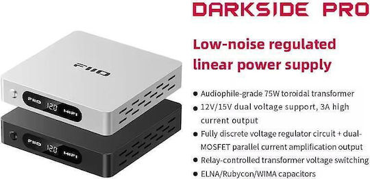 Fiio Darkside Pro Silver – Нискошумно Регулирано Линейно Захранване 75w Торoидален Трансформатор 12v/15v Двоен Изход 3a