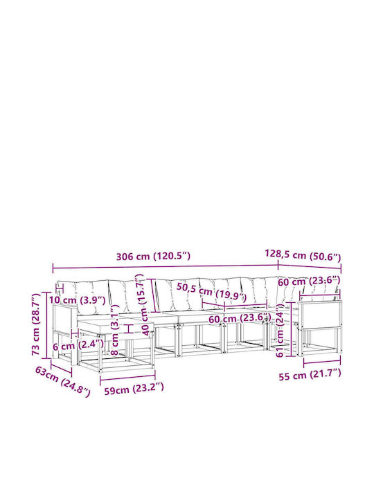 Ecksofa Outdoor-Hölzernes mit Kissen 306x128.5x73cm