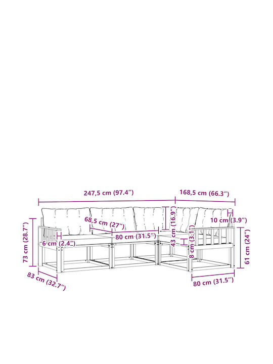 Corner Outdoor Sofa Wooden with Cushions 247.5x168.5x73cm