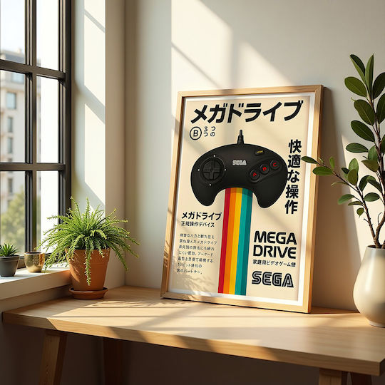 Gaming Poster Sega Mega Drive Controller Japanese Edition Gm2406 40cm X 50cm White Wooden Frame