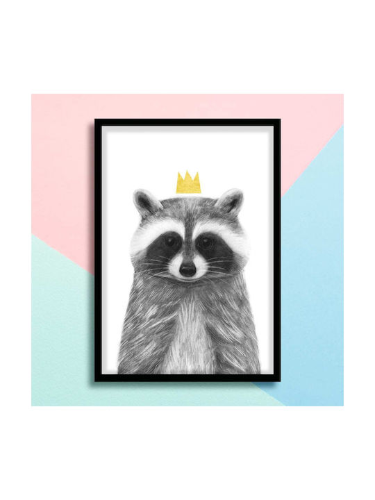 Kids Wall Art Queen Racoon with White Wooden Frame 40x50cm