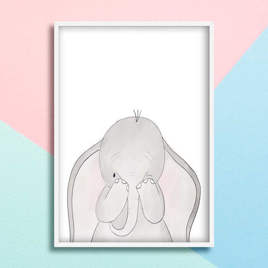 Kids Wall Art Elephant with White Frame Made of Wood 40x50cm