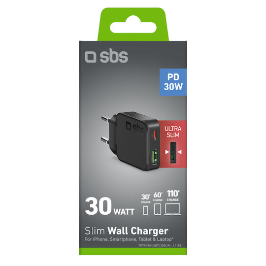 SBS Φορτιστής Χωρίς Καλώδιο με Θύρα USB-A και Θύρα USB-C 30W Power Delivery Μαύρος (21188)