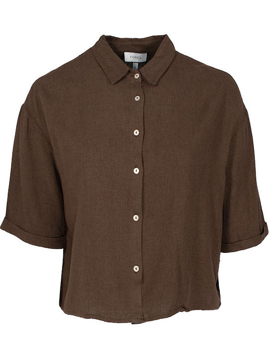 Short Sleeve Women's Linen Shirt Brown