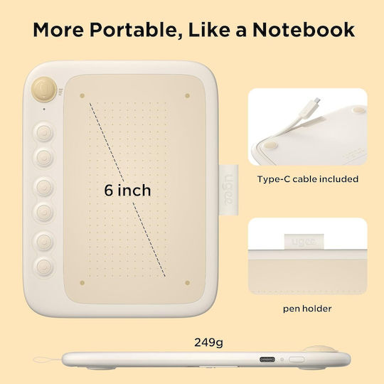 Ugee Q6 Portable Graphic Tablet 6 × 4 Inch Integrated Type-c Cable Digital Drawing Online Lessons Beige