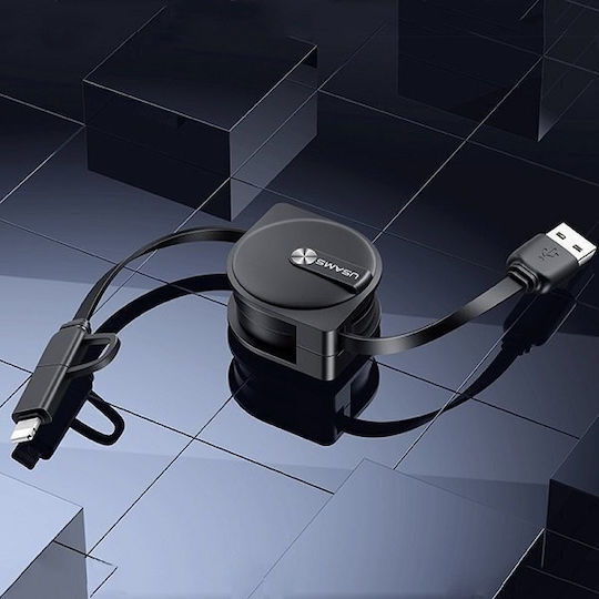 Usams Retractable USB to Lightning / micro USB Cable 2A Μαύρο 1m SJ192USB01