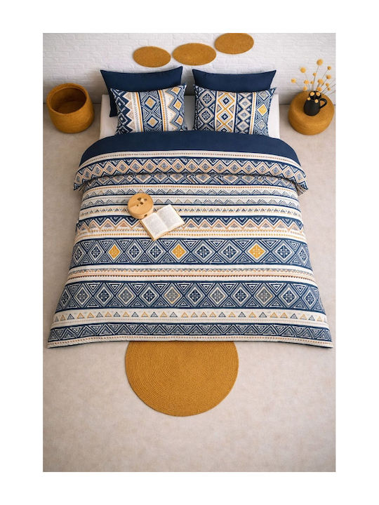SteweHome Cotton Duvet Cover Set 200x230cm Double With 2 Pillowcases & 1 Bed Sheet Blue