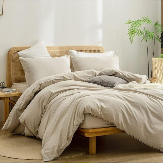 SteweHome Cotton Duvet Cover Set 180x220cm Double With Pillowcase Ecru